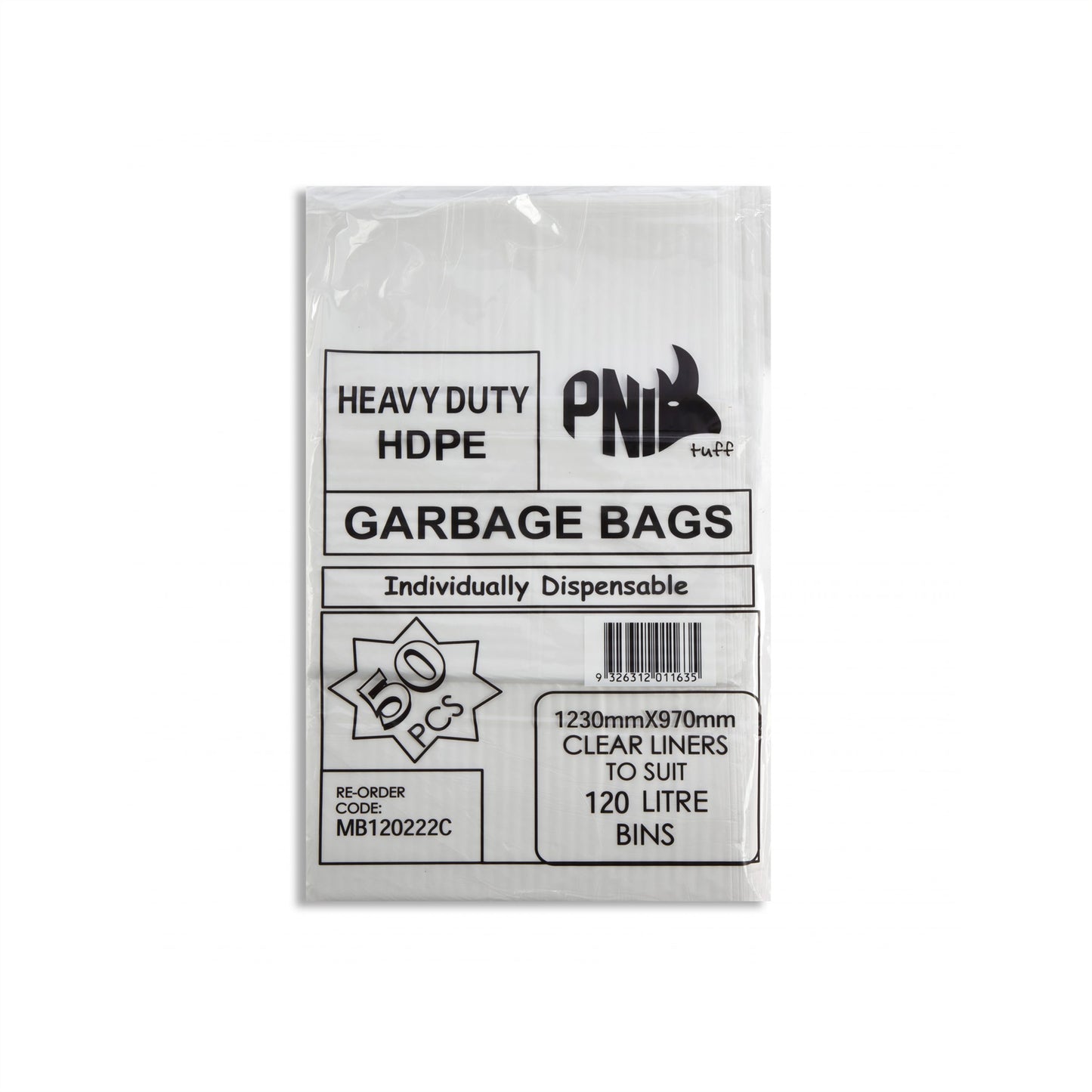 BIN LINER 120L 1230X970 CLEAR HEAVY DUTY 25UM 200PC - MB120425SC