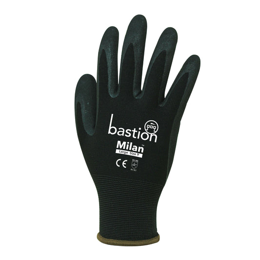 MILAN, BLACK NYLON GLOVES 13G, BLACK SANDY FOAM NITRILE PALM COATING  XX LARGE
