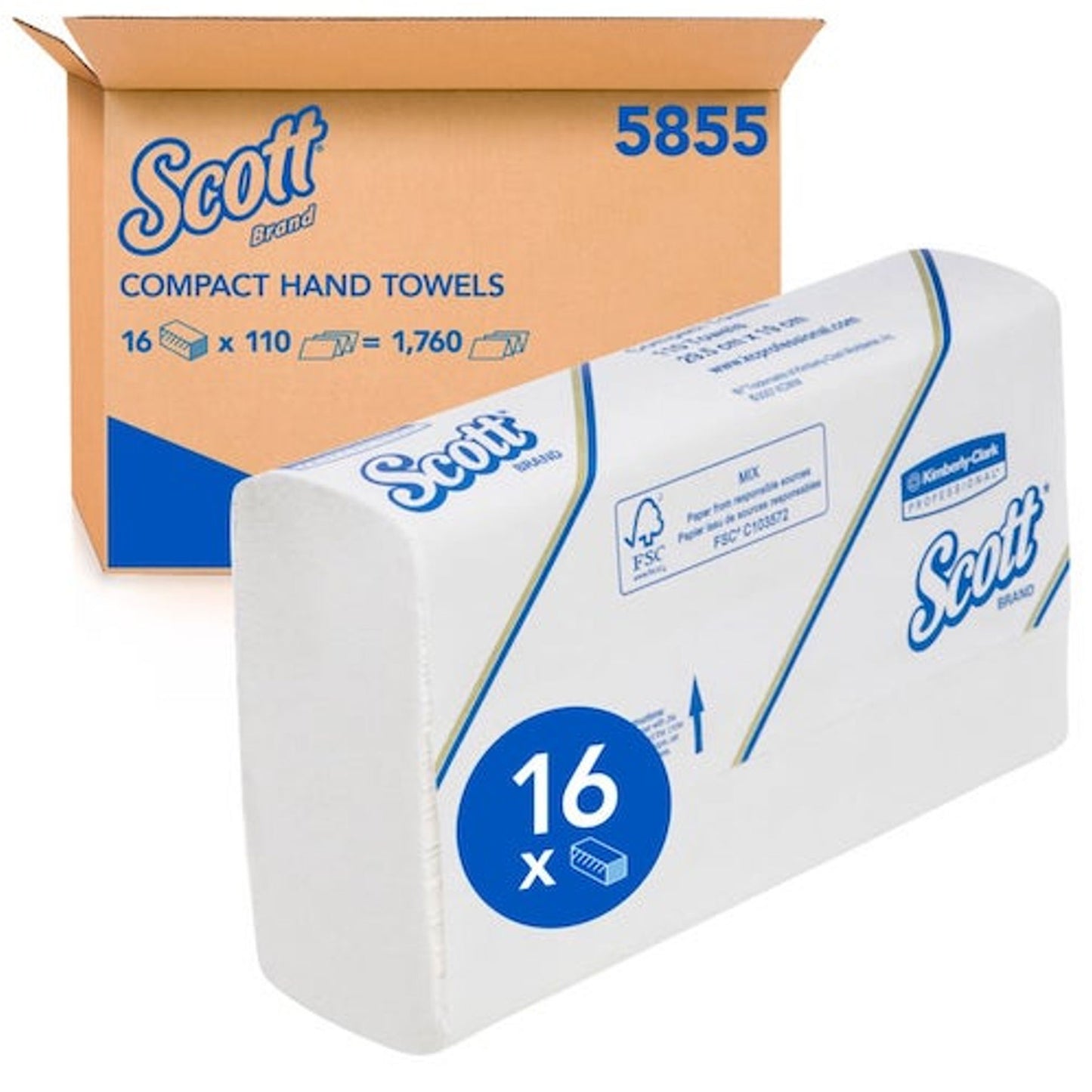 KIMBERLY CLARK SCOTT - 5855 - 紧凑型手巾，白色 29.5 厘米 x 19 厘米，110 条/包，24 包/箱