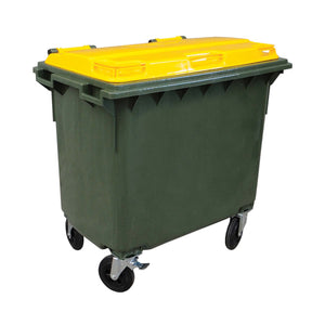 BIN 660L 移动式带轮垃圾桶 绿色 带黄色盖子